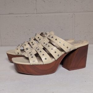 Vince Camuto Euro Summer Cream Leather Clog Mules Wooden Heel Size 8 NWOT